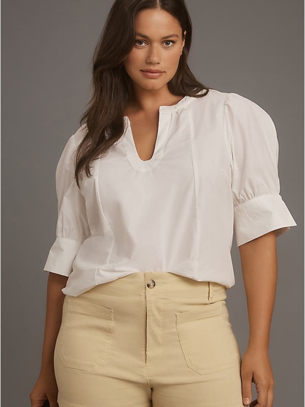 Anthropologie Puff-Sleeve Sculpted White Cotton Blouse Size XL Pullover